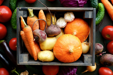 Set of autumn vegetables in wooden box. Fresh Vegetables from Farm Market

