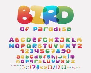 Alphabet cartoon design. Rainbow style. Uppercase and lowercase letters, numbers and punctuation marks. Font vector typography. Hand drawn. EPS10