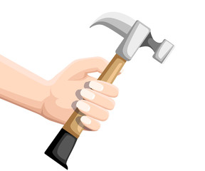 Hand hold hammer. Carpenter hammer in flat style. Typical hand instrument. Wooden handle. Building tool. Flat vector illustration isolated on white background