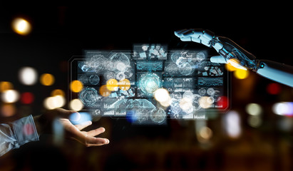 White cyborg hand using digital datas interface 3D rendering