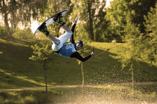 Wakeboarder at a water ski facility.