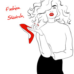 Fashion illustration girl with red lips sketch style. Woman in sweater, black skirt with red shoe in hand. Hand drawn fashion model posing. Sketch. Vector illustration. Fashion, style,beauty