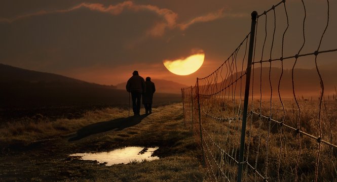 Elderly couple walking alongside a meadow fence toward the setting sun