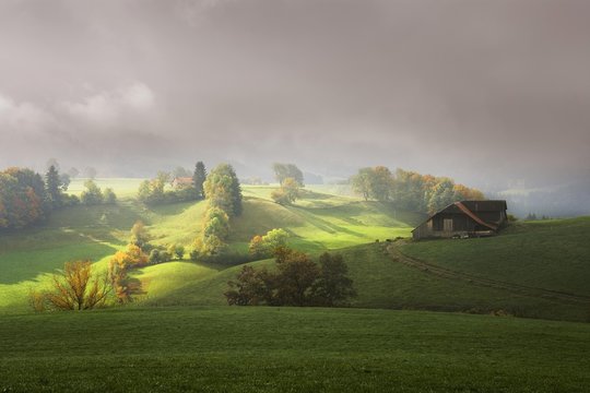Autumn mood, farm house amongst fields and trees in the Sense District or Sensebezirk in the Freiburg Canton, Switzerland, Europe