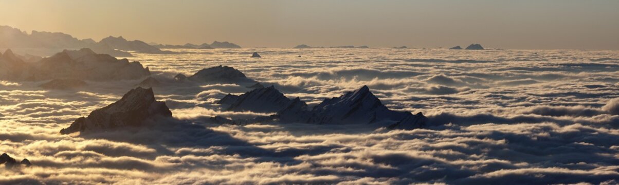 Panoramic view from the Saentis peak, peak of Mount Speer at front, Canton of St. Gallen, Switzerland, Europe