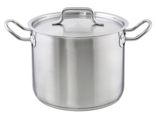 Metal saucepan with closed lid. Рan isolated on white background