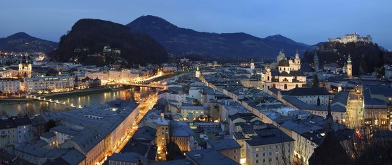 Panorama, historic town centre of Salzburg at night, Austria, Europe