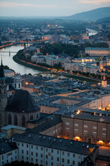 Fototapeta premium Aerial view of the historic city of Salzburg in the evening