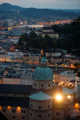 Fototapeta premium Aerial view of the historic city of Salzburg in the evening