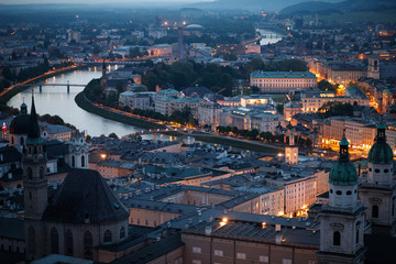 Aerial view of the historic city of Salzburg in the evening