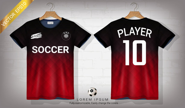 Soccer Jersey and Sport T-Shirt Mockup Template, Realistic Graphic Design Front and Back View for Football Kit Uniforms, Easy Possibility to Apply Your Artwork, Text, Image, Logo (Eps10 Vector)