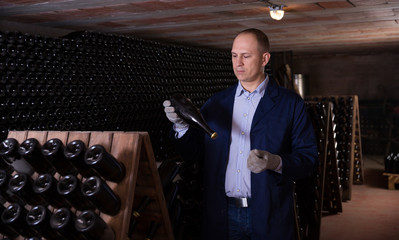 Male inspecting wine bottles in wine cellar