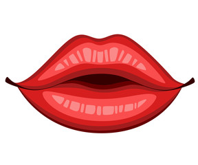 Red lips kiss. Flat style mouth and lips. Kiss sexy logo icon for card. Vector illustration isolated on white background