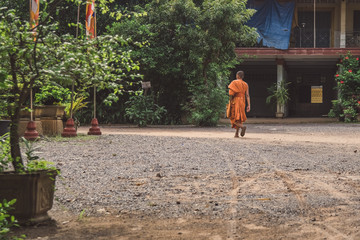 Buddhist monk walking among the paths of the Buddhist temple in cambodia - Powered by Adobe