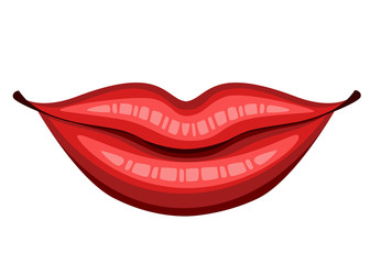 Obraz premium Red lips kiss. Female smile lips. Flat style mouth. Kiss sexy logo icon for card. Vector illustration isolated on white background