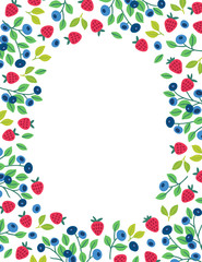 Greeting card with blueberry and wild strawberry on white background