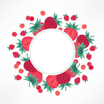 Fruit greeting card with strawberry, cowberry and circle blank label