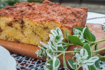 Cake with flower on a table