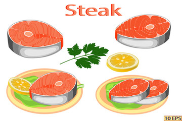 A piece of red fish.  Salmon steak isolated on white background. Vector illustration of a fish. Design of the menu. Seafood.
