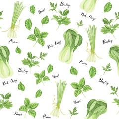 Seamless pattern with green vegetables: onion, parsley, basil and book toy, watercolor painting
