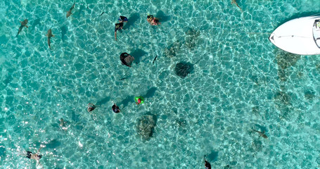 snorkeling in a dream lagoon in French Polynesia, in an aerial view