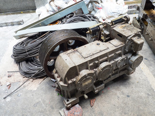Expired Motor, sling, brake, Electric transformers, passenger elevator. Picture set for maintenance.