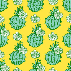 Cute hand-drawn seamless pattern cactus with flowers. Vector illustration isolated on yellow