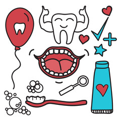 Vector set Dental care symbols for kids in cartoon style.
