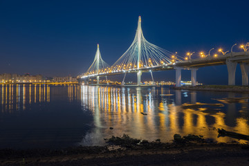 The cable-stayed bridge across the Petrovsky fairway of the western high-speed diameter. St. Petersburg. Russia