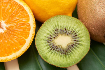 Close-up shot of bright half of green kiwi with tiny seeds in arrangement with fruit