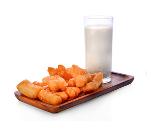 Soybean milk with morning on white background.