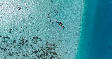 snorkeling in a dream lagoon in French Polynesia, in an aerial view