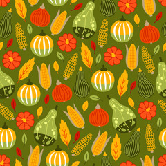 Autumn seamless pattern with corn, pumpkin, leaves