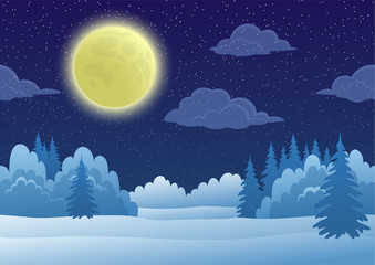 Cartoon Background, Night Landscape with Snow Winter Forest, Starry Sky, White Clouds and Big Bright Moon. Vector