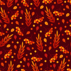 Autumn seamless pattern with leaves, berries and rowanberry