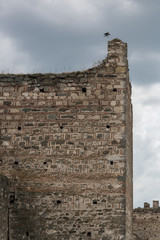 An old vertical stone wall with bird landing on it and clouds behind