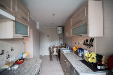 Kitchen interier. Kitchen with cupboards, tables in gray tones. Unfinished repairs in the kitchen. Cat in the kitchen