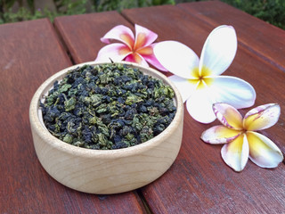 Green and black tea ceremony. Aroma therapy and relaxation. Tea tree leaves.