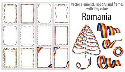 vector elements, ribbons and frames with flag colors Romania, template for your certificate and diploma - obrazy, fototapety, plakaty