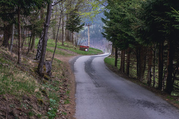 Forest road on the Cab mount in tourist district Beskids - Moravian Wallachia near Vsetin town, Czech Republic