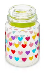Glass jar with colored hearts. Capacity for storing isolated on white background