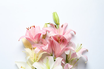 Fototapeta na wymiar Composition with beautiful blooming lily flowers on white background