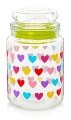 Glass jar with colored hearts. Capacity for storing isolated on white background