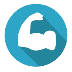 Flat icon white strong arm in blue circle with long shadow. Vector illustration. Bodybuilding.