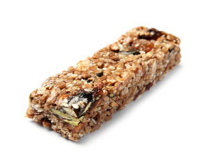 Grain cereal bar on white background. Healthy snack