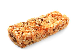 Grain cereal bar on white background. Healthy snack