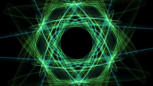 Abstract green fractal animation in hexagonal composition, Nice symmetric ornament rotating on black background. 4k video