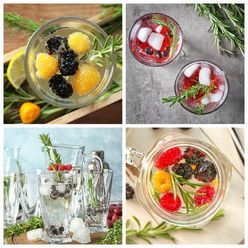 Set of different refreshing drinks with rosemary