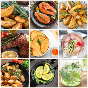Set of different refreshing drinks and food with rosemary
