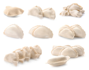 Set of raw dumplings on white background